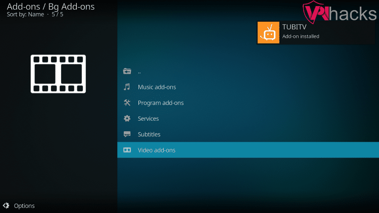 tubitv addon installed