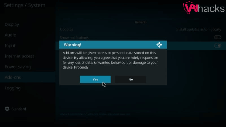 warning on kodi