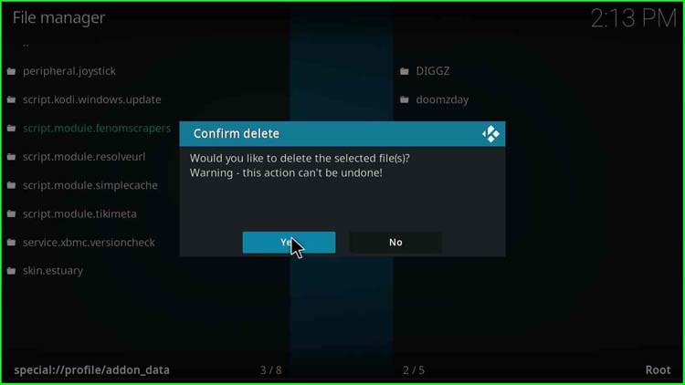 Confirm Kodi Data Deletion