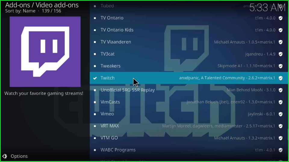 Open the installed Twitch addon