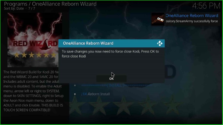Tap OK to close Kodi
