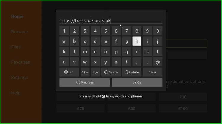 Type BeeTV apk URL