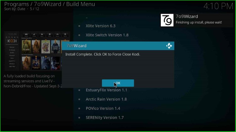 Click OK to close Kodi