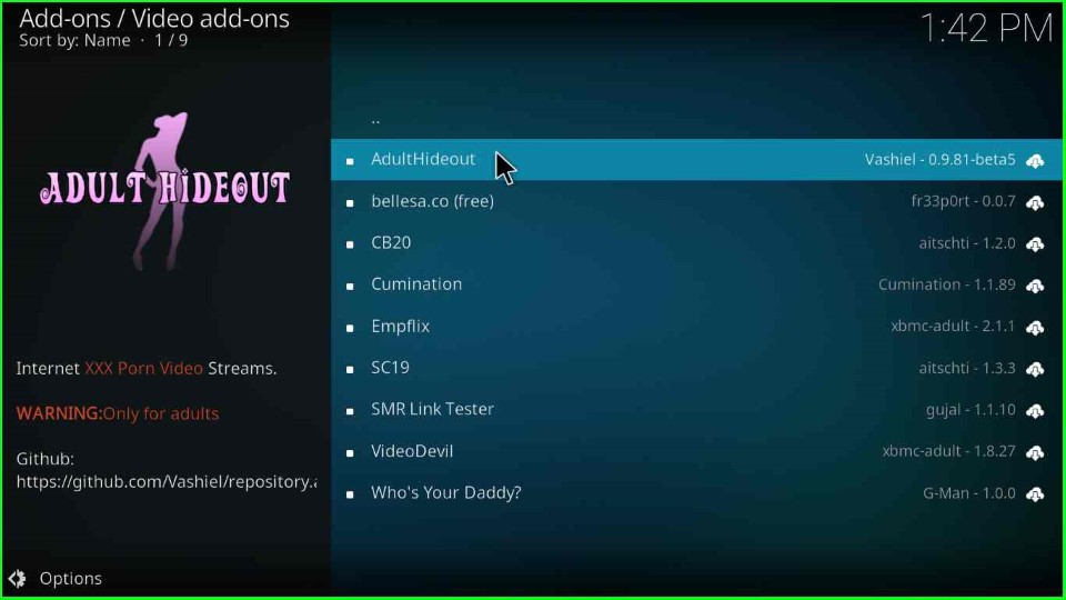 Select AdultHideout addon