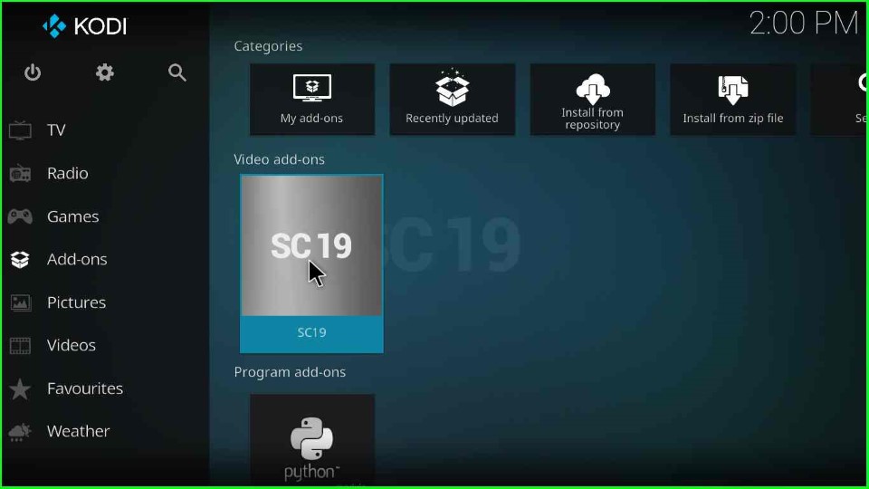 SC19 addon added on the Kodi Home page