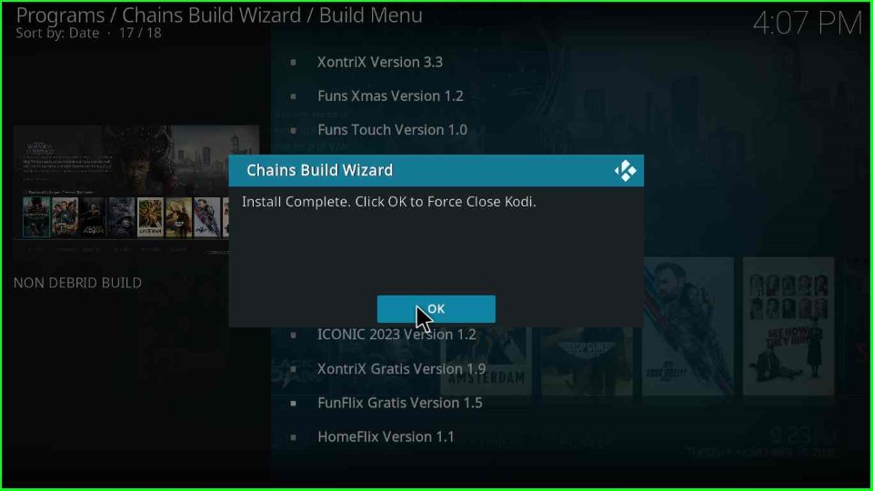 Click OK to close Kodi