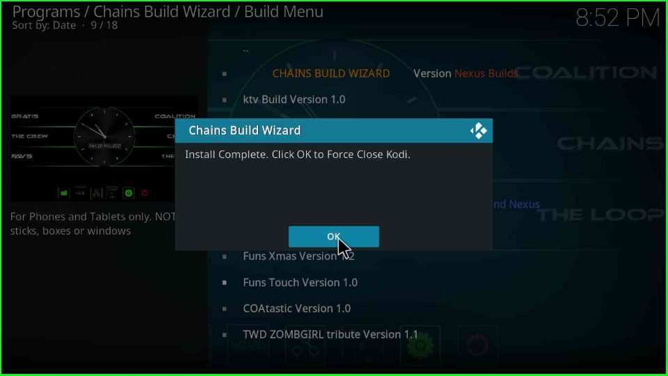 Click OK to close Kodi