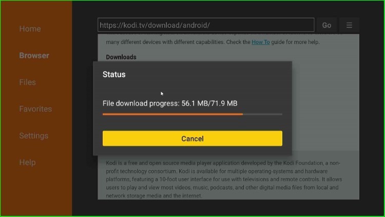 A screenshot depicting Kodi downloading message