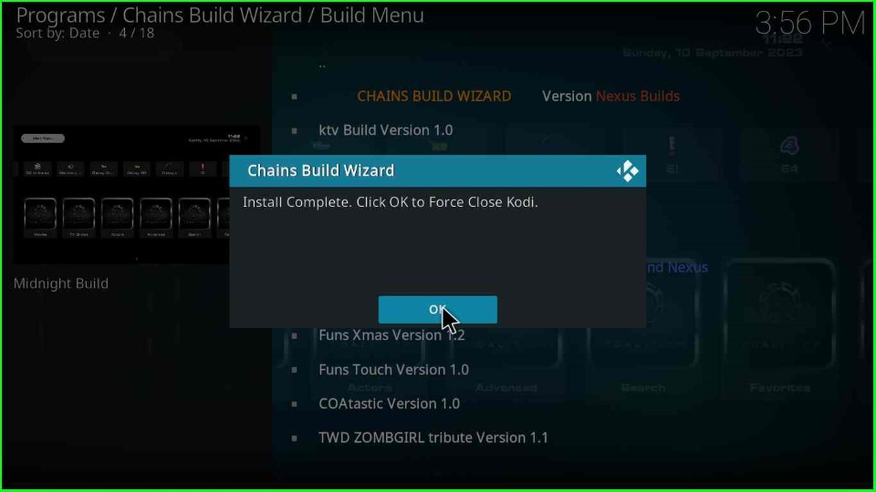 Click OK to close Kodi