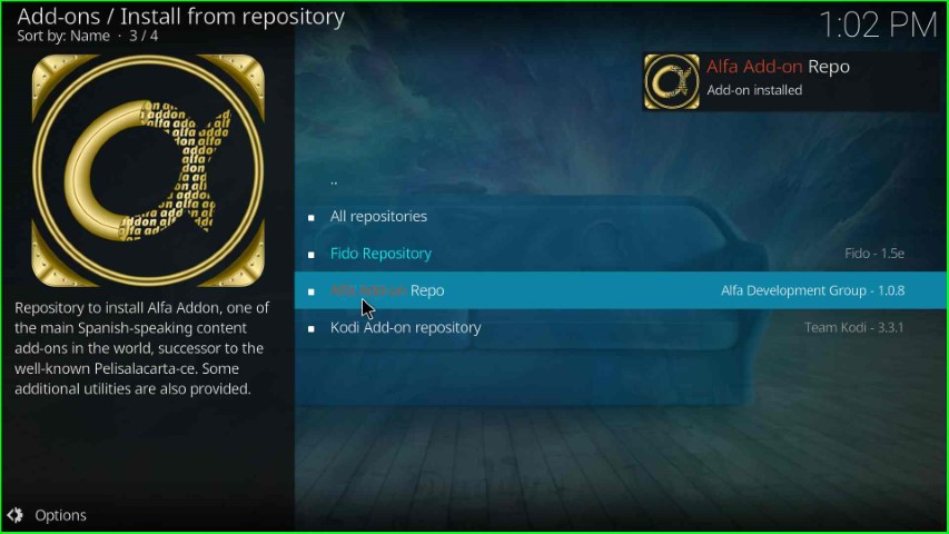 Choose Alfa addon repo