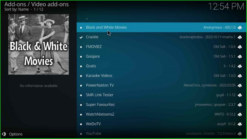 Click on Black and White Movies addon