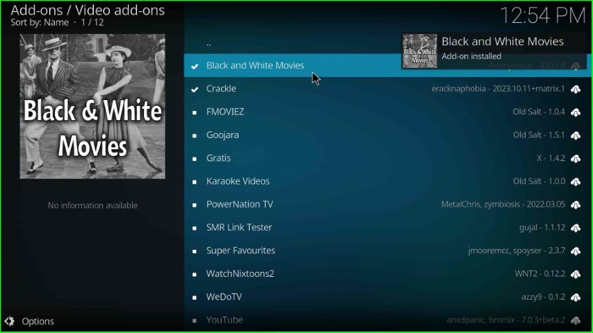Wait for the Black and White Movies Add-on installation