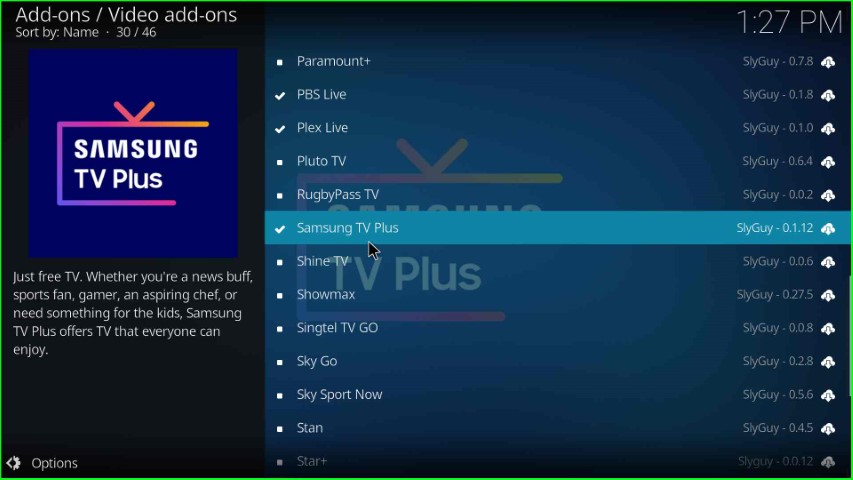 Click on Samsung TV Plus addon