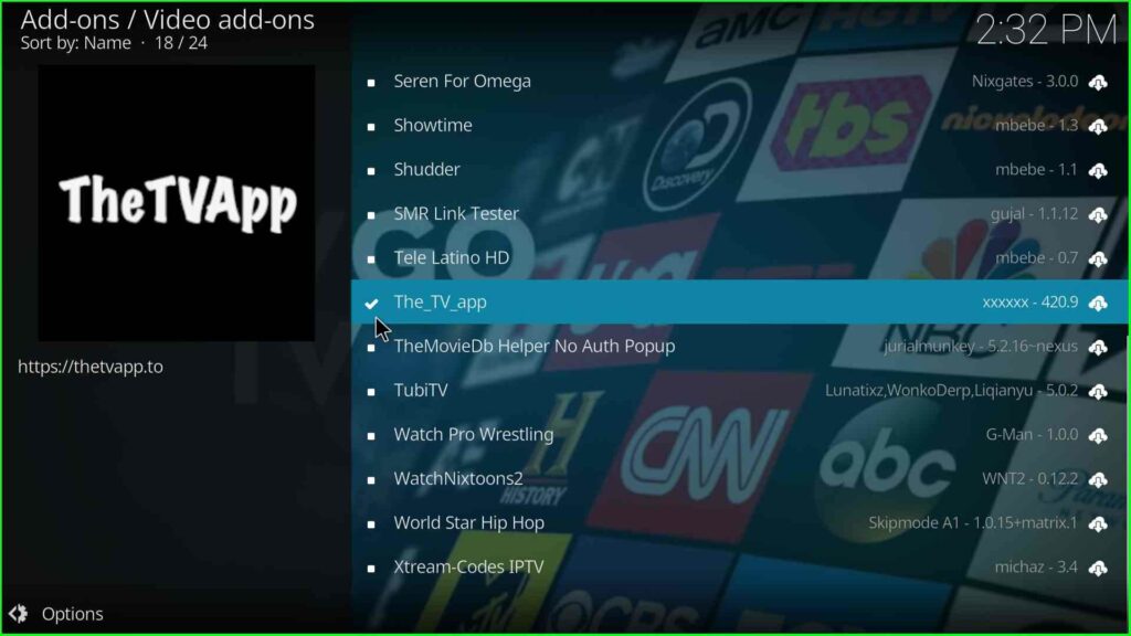 Click on The TV app addon