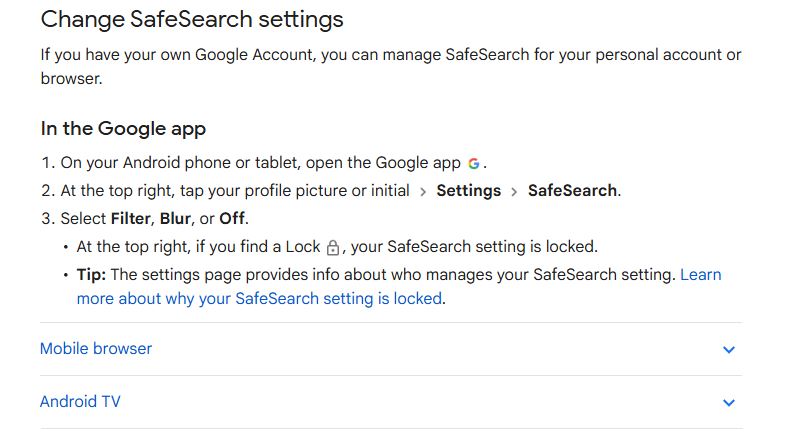 Google SafeSearch settings page with safe search toggle turned on