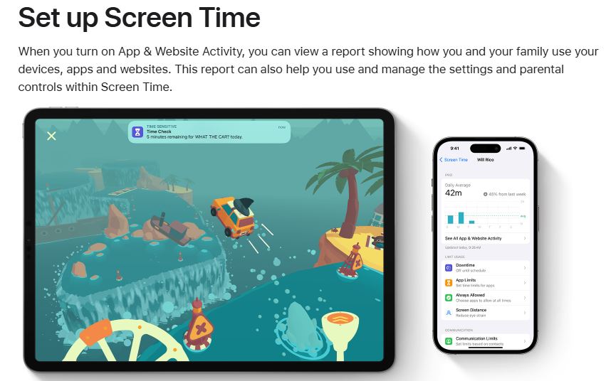 Apple Screen Time settings showing daily usage and time limits for apps